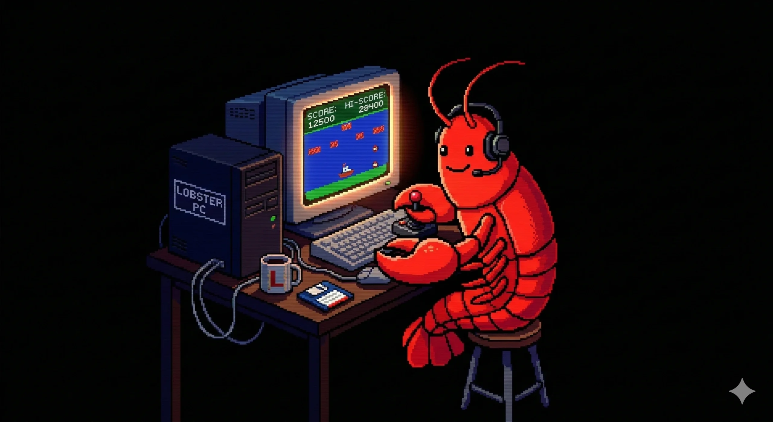 red lobster playing computer